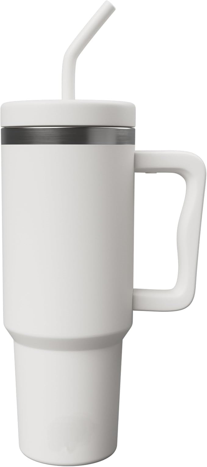 Double wall insulated coffee tumbler with sturdy handle.