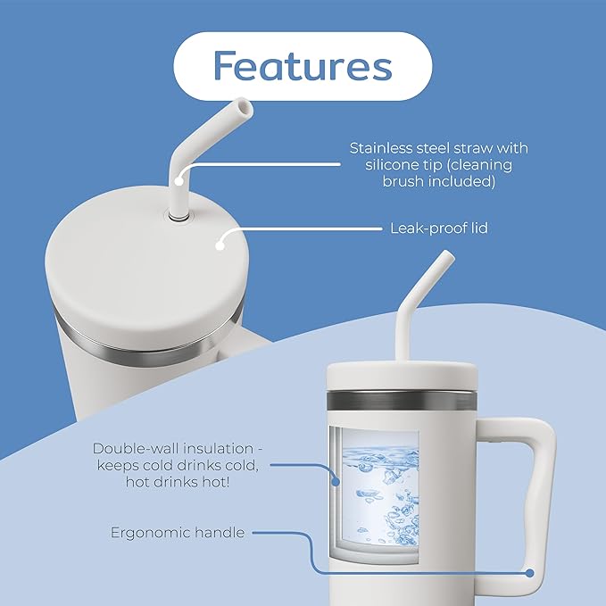 Large capacity handled tumbler ideal for coffee, tea, or water.