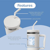 Large capacity handled tumbler ideal for coffee, tea, or water.