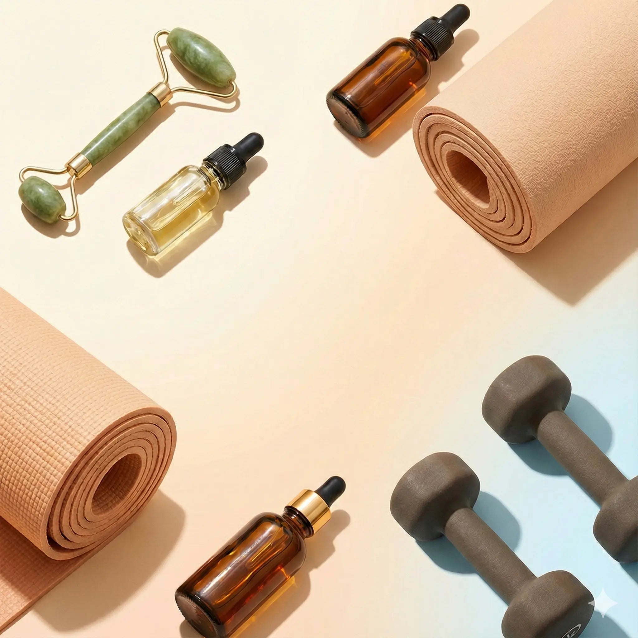 Beauty and health products including skincare bottles, wellness accessories, and fitness essentials arranged in a clean modern layout